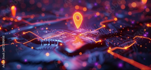 Neon Location Pin on Glowing Circuit Board