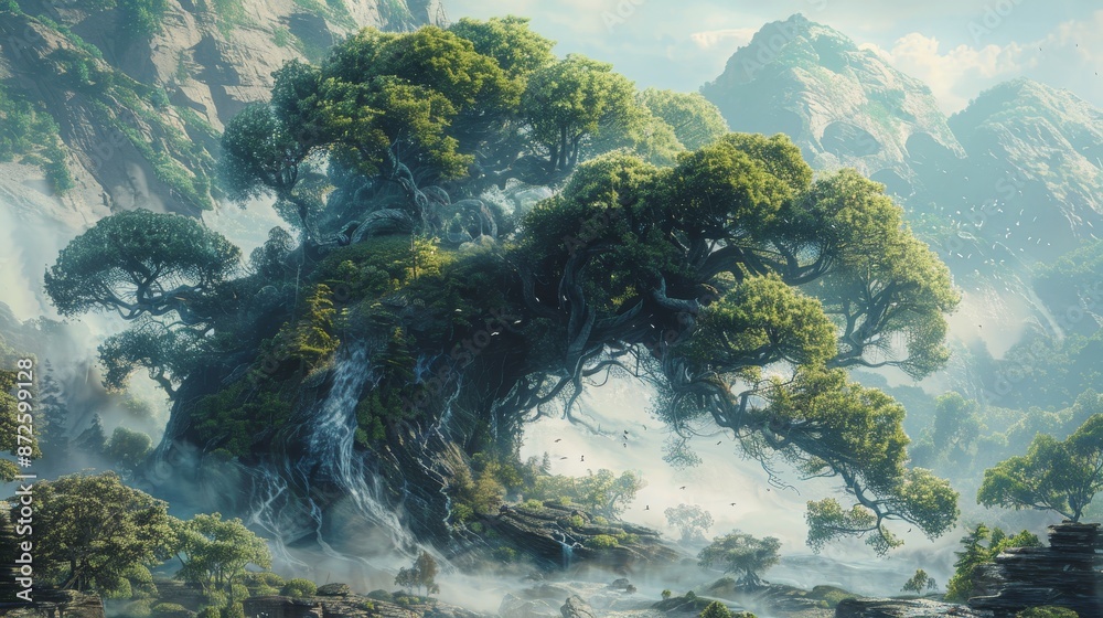 Gigantic being intertwined with the natural landscape, creating an awe-inspiring digital art masterpiece Gigantic being intertwined with the natural landscape, creating an awe-inspiring digital art masterpiece
