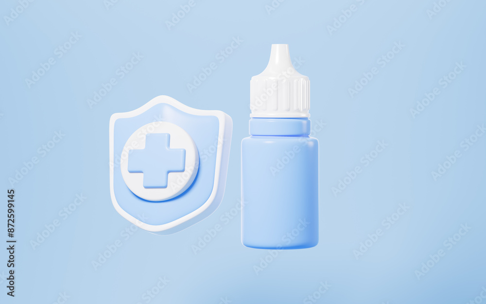 Fototapeta premium Cartoon shield and ear drops in the blue background, 3d rendering.