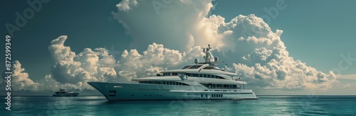 Large White Yacht Sailing on Calm Ocean Under Cloudy Sky