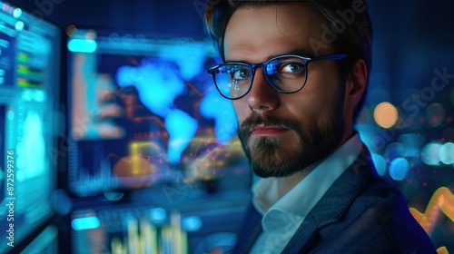 A man with glasses and a beard is staring at the camera. Generate AI