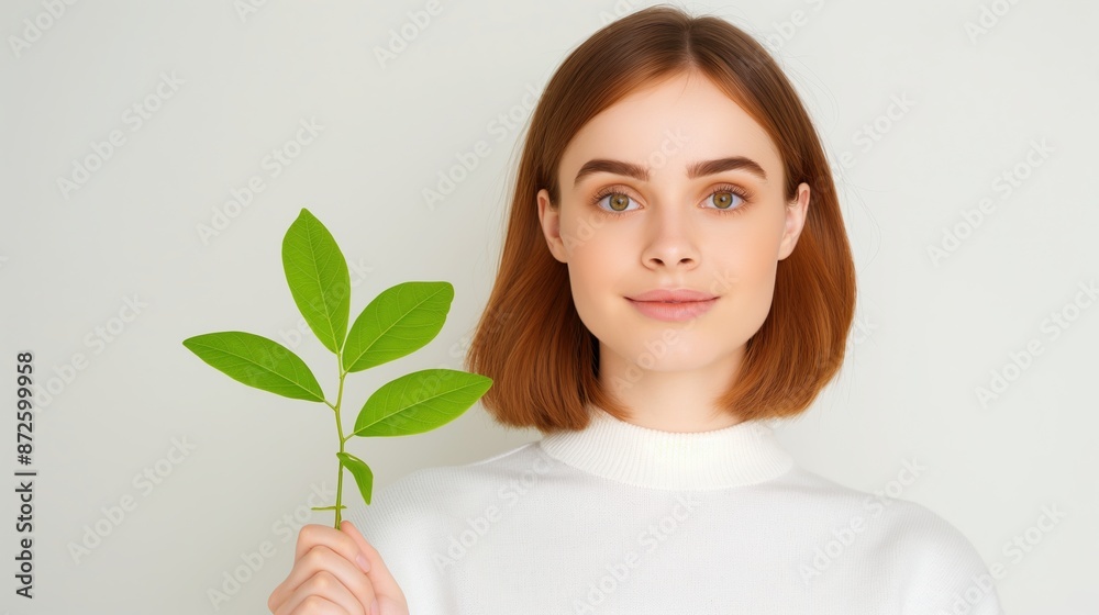 Young smiling woman holding branch with green leaves, symbol of peace and eco friendly energy resources. White wall background. Young smiling woman holding branch with green leaves, symbol of peace and eco friendly energy resources. White wall background.