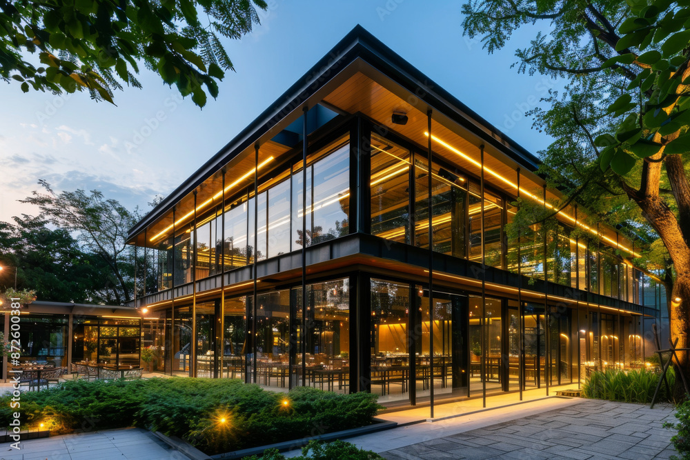 A modern, glass-encased restaurant glows warmly at twilight, with a cozy, inviting atmosphere amidst lush greenery. A modern, glass-encased restaurant glows warmly at twilight, with a cozy, inviting atmosphere amidst lush greenery.