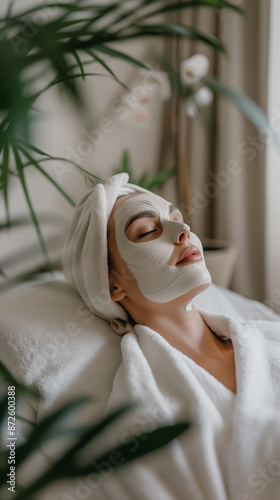 Relaxing skincare ritual: facial beauty mask applied in serene spa ambiance, promoting relaxation and clean skincare environment.