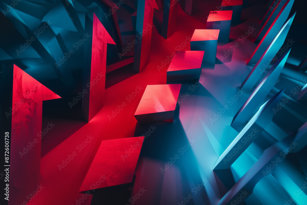 A dynamic abstract scene with red and blue geometric shapes and arrows pointing in various directions, symbolizing contrast and movement. A dynamic abstract scene with red and blue geometric shapes and arrows pointing in various directions, symbolizing contrast and movement.