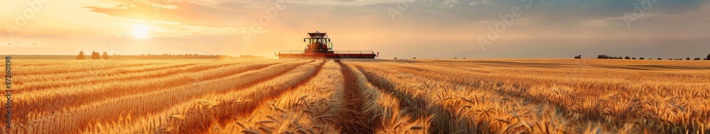 Fototapeta premium Autumn Harvest Scene with Agricultural Technology and Labor Day Celebration, Featuring Farmers Working Outdoors with Rice and Wheat, Highlighting Increased Grain Production and Healthy Eating, AI-Gene