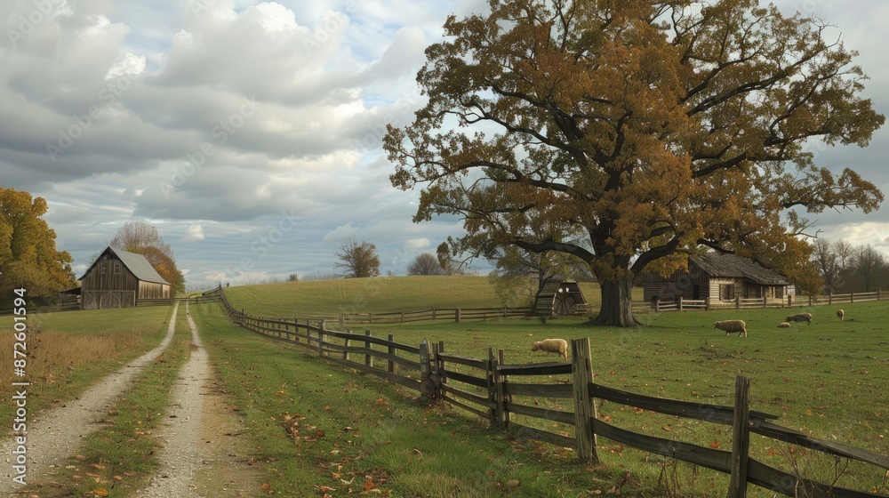 A rural scene with a large tree and a barn. Generate AI A rural scene with a large tree and a barn. Generate AI