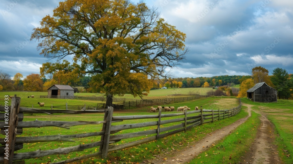 Fototapeta premium A rural scene with a large tree and a barn. Generate AI