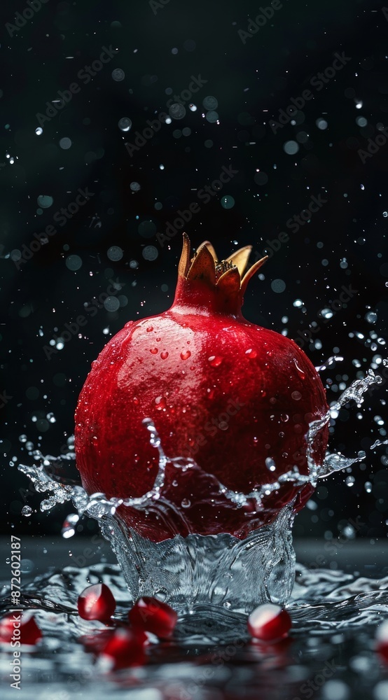 Fresh water meeting split pomegranate creates vibrant splash, colorful and refreshing scene Fresh water meeting split pomegranate creates vibrant splash, colorful and refreshing scene