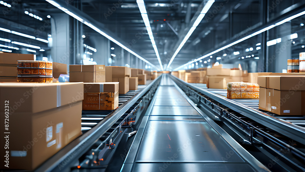 Non-stop delivery! Cardboard boxes flow seamlessly on a warehouse conveyor Non-stop delivery! Cardboard boxes flow seamlessly on a warehouse conveyor