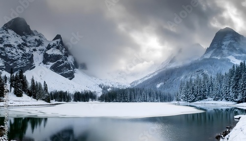 A winter landscape with a frozen lake and a coniferous forest on the background, covered with snow. Snowy mountains in the background.