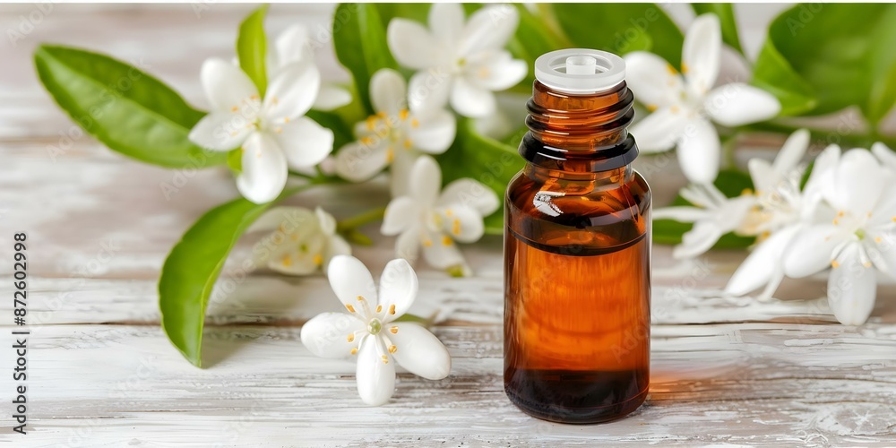 Neroli Essential Oil and Flowers on Wooden Background. Concept Neroli Essential Oil, Flowers, Wooden Background Neroli Essential Oil and Flowers on Wooden Background. Concept Neroli Essential Oil, Flowers, Wooden Background
