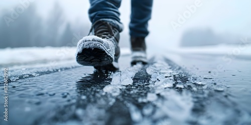 Elderly woman's slip on icy road underscores importance of safer technology. Concept Elderly, Slip, Icy Road, Safer Technology, Woman