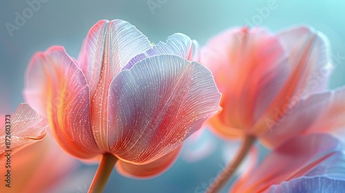 Minimalist X-ray close-up of translucent tulip petals, frosted glass backdrop, pastel setting, soft bokeh enhancing vibrant colors and delicate veins.