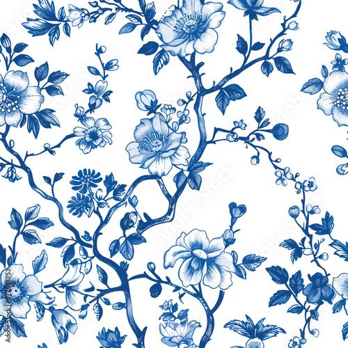 Pattern With Tender Flowers and Thin Branches. Floral Print