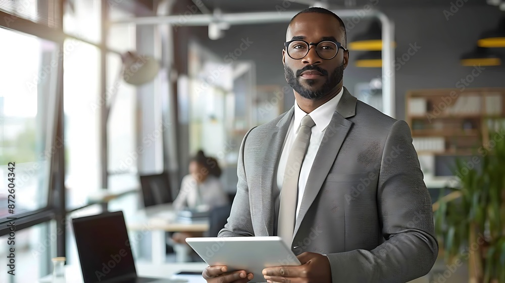 Business leader standing in an office, confident, using digital tools, executive