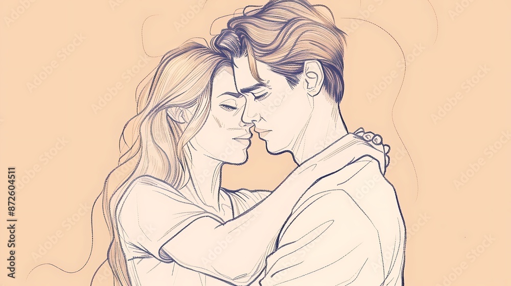 Cute couple hugging, animation style line art, lovers, romantic, adorable Cute couple hugging, animation style line art, lovers, romantic, adorable
