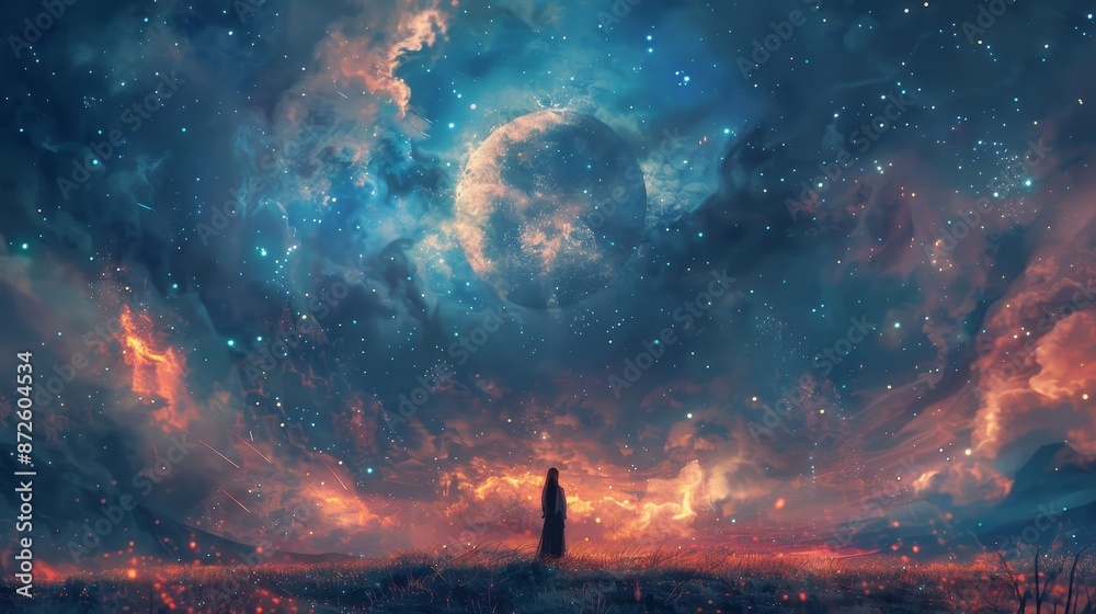 Ethereal ceremony in the void, burning fables come to life under a starry night, digital art style