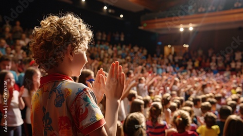 19. An educator receiving an award at a school assembly, with colleagues and students applauding, capturing a moment of recognition and celebration in a large auditorium