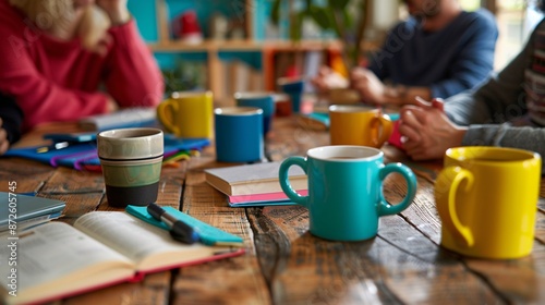 20. A group of teachers participating in a book club meeting, discussing educational literature, with coffee mugs and books on the table, in a cozy and inviting setting