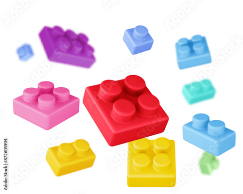 Plastic toy bricks block background. Realistic 3d vector illustration of flying kid game build puzzle boxes. Child shop or activity bg with floating geometric shape pieces for fun and education.