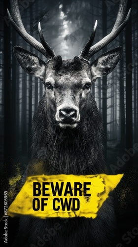 Modern poster with chronical wasting disease theme. Grungy deer portrait and text 