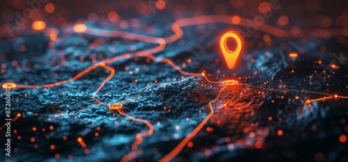 Orange Pinpoint Location Marker on Digital Map With Glowing Lines