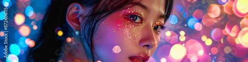 Beautiful Young Asian Girl with Korean-style Makeup in a Vivid Bokeh Light Background, Showcasing Glamorous Beauty and Skincare, AI-Generated, High-Resolution Wallpaper © Da