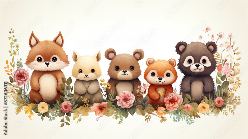 Adorable woodland animals in a floral wreath, with flowers, leaves, and whimsical forest fauna Adorable woodland animals in a floral wreath, with flowers, leaves, and whimsical forest fauna