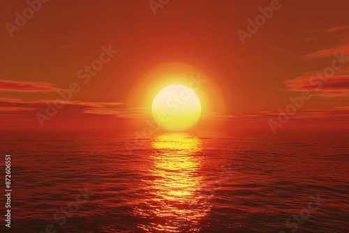 Breathtaking 3D Rendering of a Romantic Sunset Over the Ocean with Red Sky and Orange Light Reflecting on Water, Creating a Warm and Serene Atmosphere