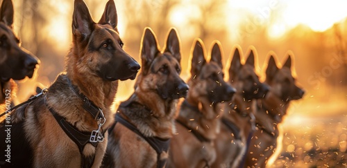 German Shepherd Dogs Standing in a Row at Sunset