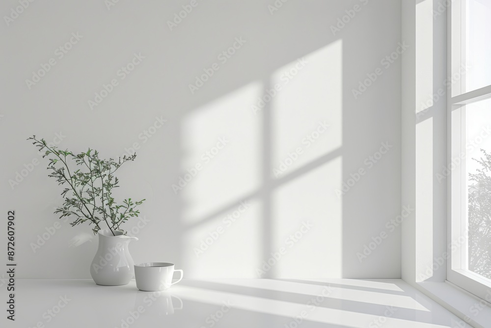 White interior with a plant in a vase.