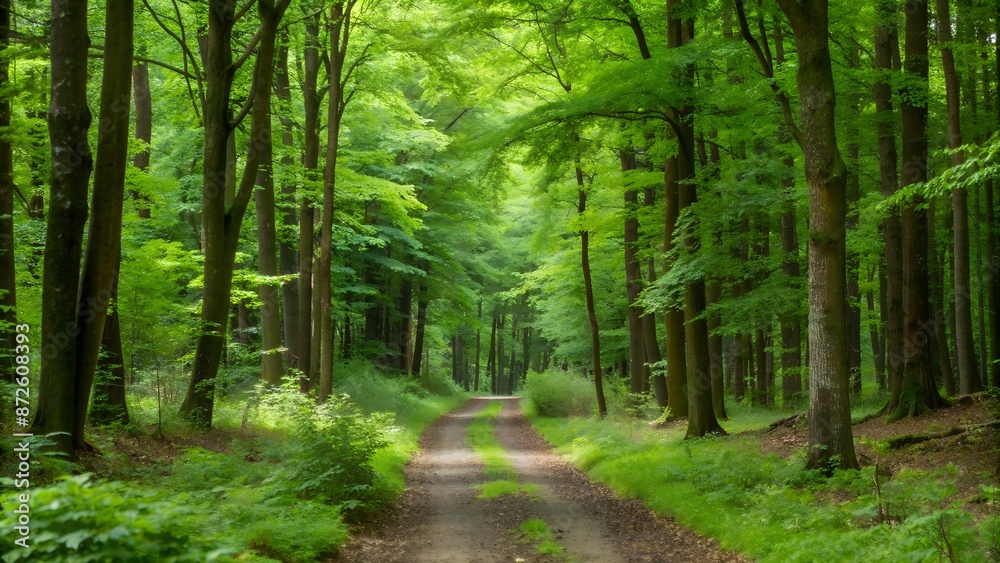 Fototapeta premium A serene forest path surrounded by tall, lush green trees, perfect for nature walks and outdoor adventures during summer.