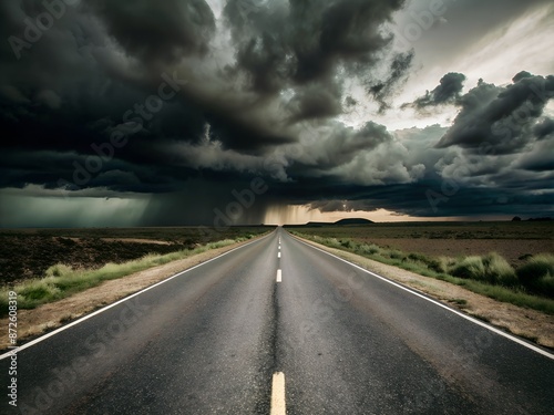 A dramatic stormy sky over an empty highway, capturing the essence of a powerful and looming weather change.