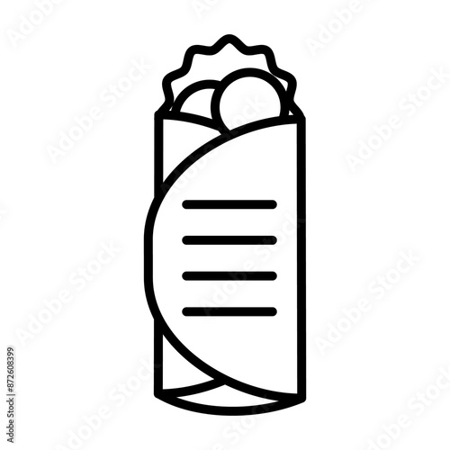 
Illustration depicting a black icon of lavash with filling (lettuce, tomatoes, etc.) on a white background