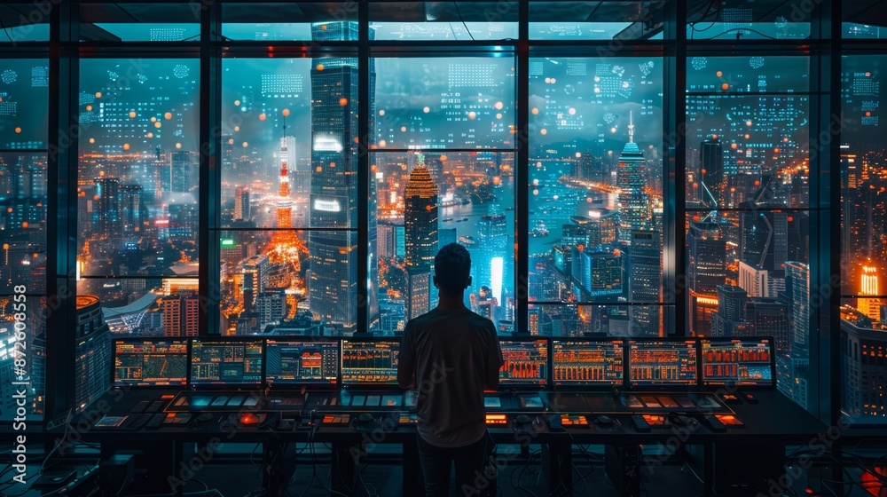 Obraz premium Cityscape at Night with Advanced Technology Interface - Generative AI