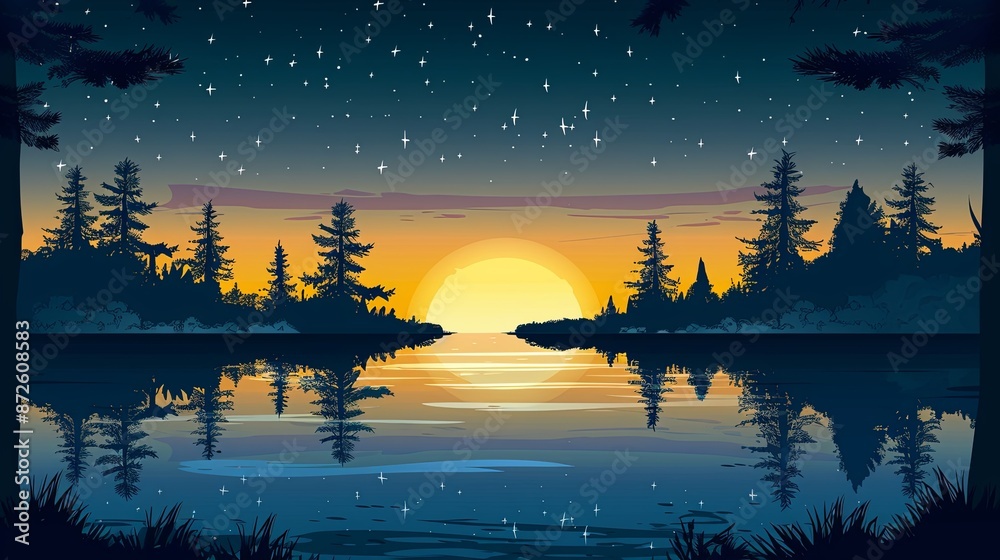 Fototapeta premium 2d vector illustration Lake view at twilight background