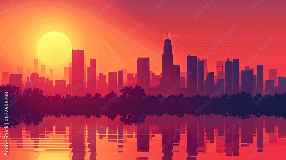 2d illustration City skyline at sunset scene background