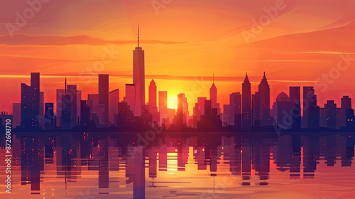 2d vector illustration City skyline at sunset scene background