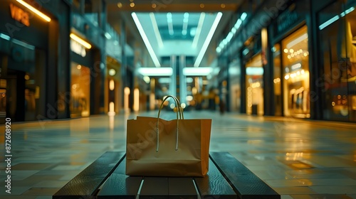 a frontal image of a shopping bag sitting alone on a bench in a modern mall with yellow soft lighting, realistic photography, and an empty store backdrop photo