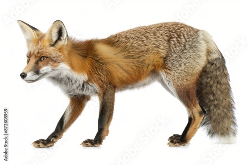 Elegant fox mid bound, legs extended, isolated on white background, graceful wildlife movement