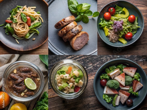 A collage of six gourmet dishes including pasta, meat, and salads, served on stylish plates for a visually appealing presentation.