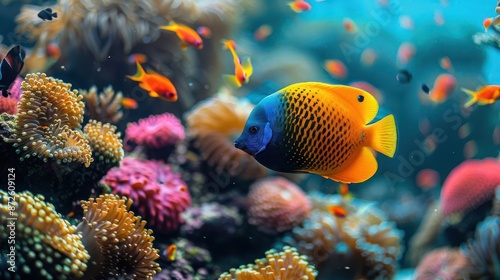 A colorful fish swims in a coral reef with other fish © Tina