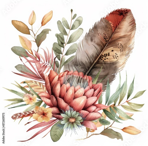 Watercolor Painting of Pink Proteas and a Feather