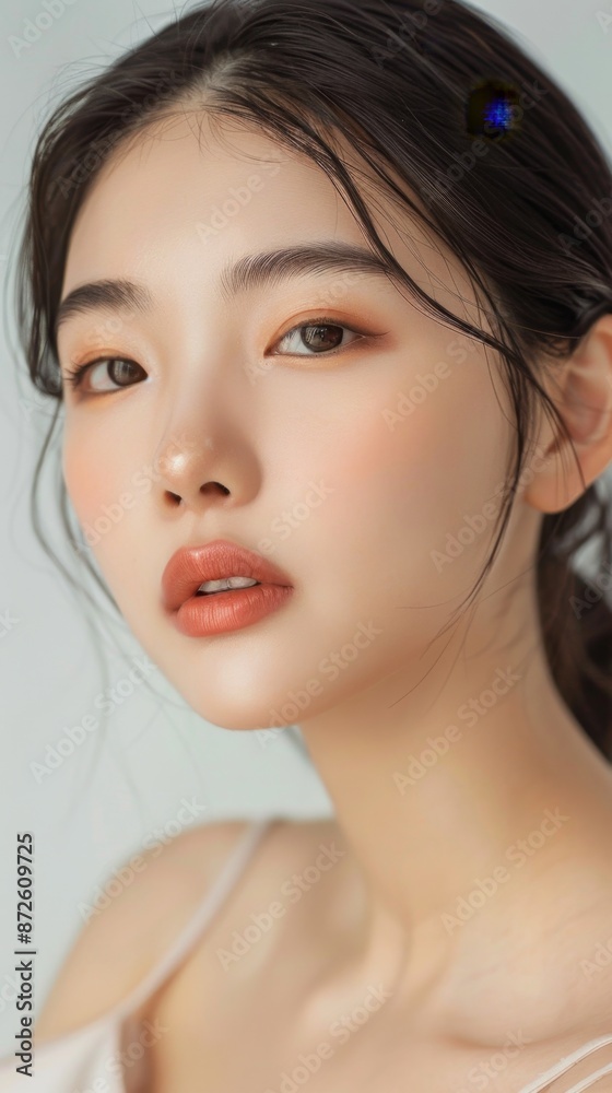 Obraz premium Beautiful Youthful Asian Girl with Korean-style Makeup in a Vivid Bokeh Light Background, Showcasing Glamorous Beauty, Perfect Skin, and Skincare Concepts for Commercial Advertising, AI-Generated, Hig