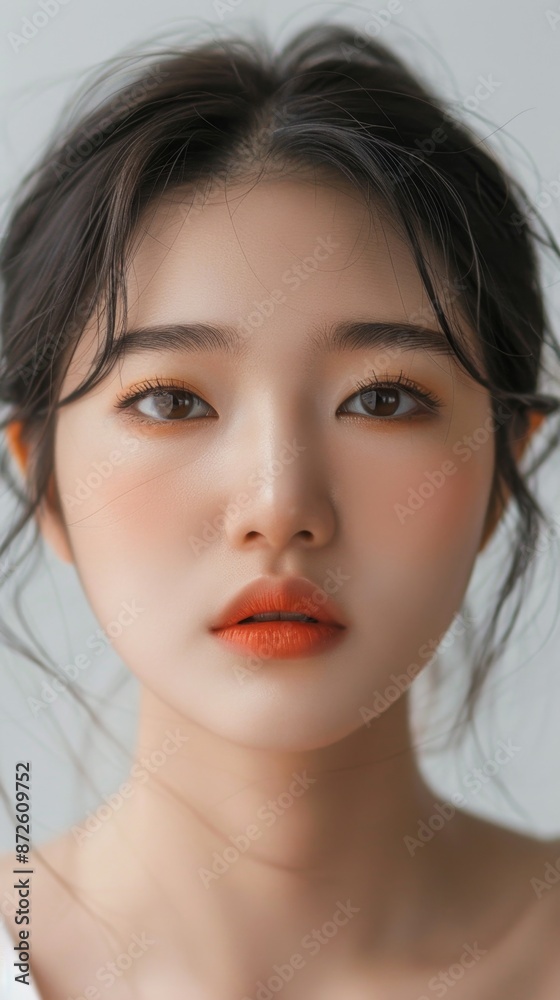 Fototapeta premium Beautiful Youthful Asian Girl with Korean-style Makeup in a Vivid Bokeh Light Background, Showcasing Glamorous Beauty, Perfect Skin, and Skincare Concepts for Commercial Advertising, AI-Generated, Hig
