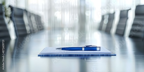 Blue notepad and pen on table with blank space for business meeting agenda. Concept Business Meetings, Notepad and Pen, Blank Space, Table Setting, Agenda Planning
