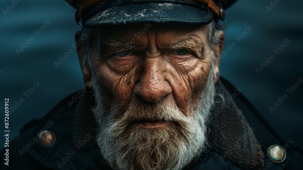 Draw a portrait of a stern sailor, their face showing signs of experience and determination, set against a dark, moody background that emphasizes their connection to the sea. Draw a portrait of a stern sailor, their face showing signs of experience and determination, set against a dark, moody background that emphasizes their connection to the sea.