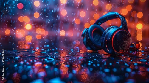 Headphones in the Rain with Vibrant Bokeh Background - Generative AI photo