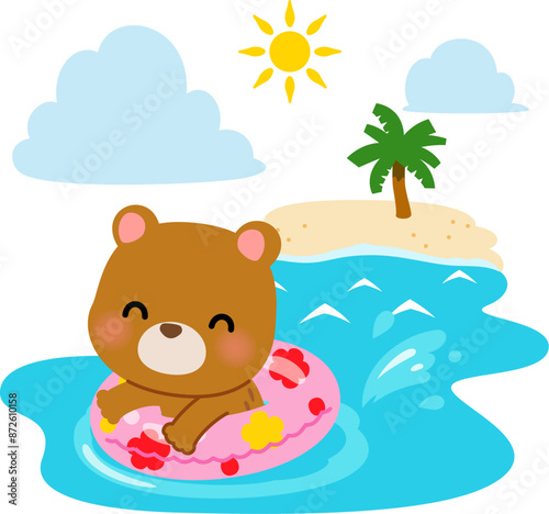 海で浮き輪を使って泳ぐクマのキャラクター